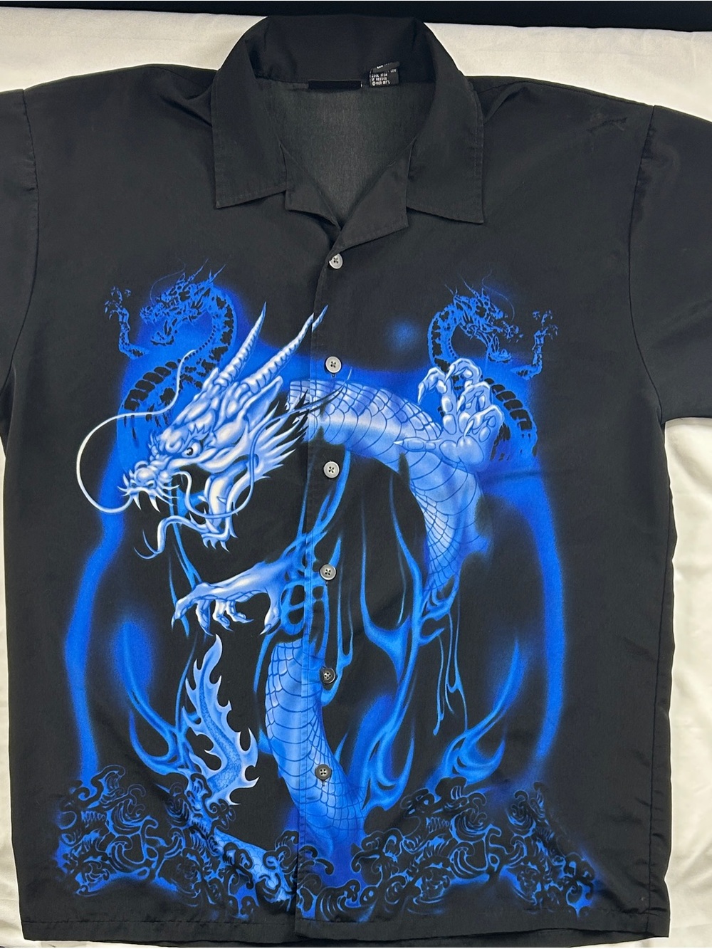 Vintage Y2K ODO Dragon Flame Shirt XL Black Blue Button Up